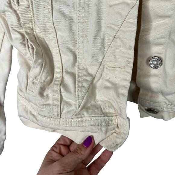Free People Rumors Cropped Denim Jean Jacket FLAW Ecru Ivory Womens XS - Picture 6 of 10